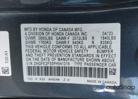 2023 Honda Civic Sport from USA, damaged, VIN 2HGFE2F55PH541319